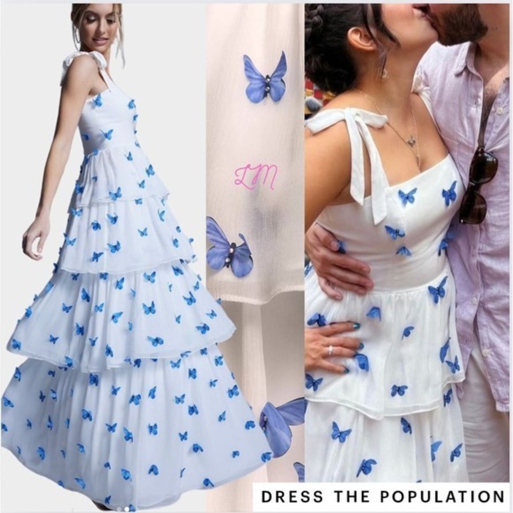 Dress the Population‎ Monica 3D Butterfly Tiered White Blue Silk Dress XL
